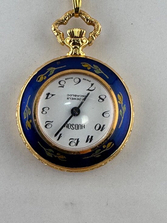 Vintage Hudson Gold Plated Pendant Watch with Blue Guilloche & Red Flower Motifs main image 8